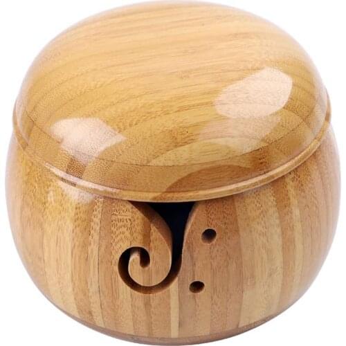 Bamboo Knitting Bowl,Handmade Needlework Yarn Bowl Holder with Removable Lid Holes,Wool Knitting Storage Bowl