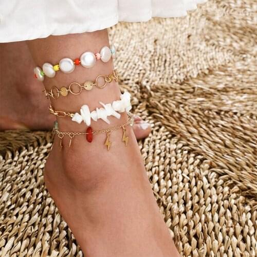 4 Pcs/Set Bohemian Women Anklets Set Natural Stone Pearl Lightning Tassel Pendant Colorful Beads Gold Anklet Beach Party