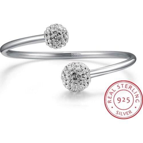 925 Sterling Silver Crystal Ball Bangles Open Cuff Bracelets & Bangles Jewelry pulseras For Women S-B19