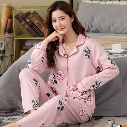 Floral Sleepwear Womens Pajama Sets New Cotton Pijama With Pockets Pyjama Femme Quality Ladies Home Suit Clothes For Home XXXXL