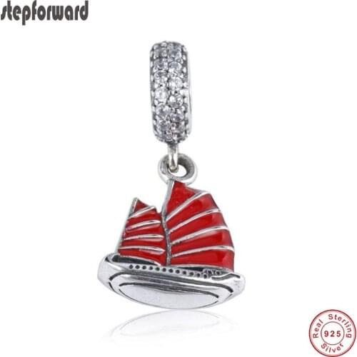 DIY High Quality Popular Enamel 925 Real Silver Red Enamel Sailing Boat Hanging Charm For European Famous Bracelet