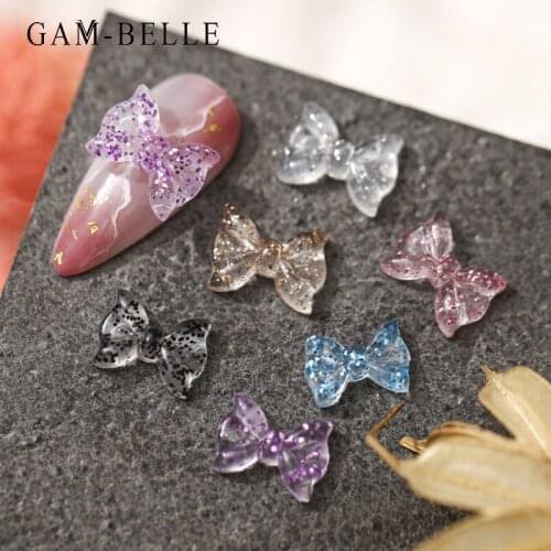 GAM-BELLE 3D Resin Bow Nail Art Decoration Glitter Sequin Designs Bow Charm Pixie Jewelry Gem Fashion Fingernail DIY Accessories