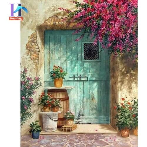 Painting By Numbers For Adults HandPainted Blue Door With Flower Acrylic Picture Color On Canvas Home Decor Wall Painting