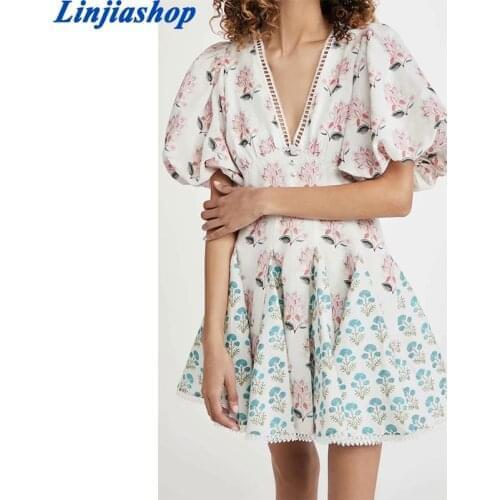 Spring summer bohemian mini dress floral print v neck short sleeve lining elegant lace short party dress