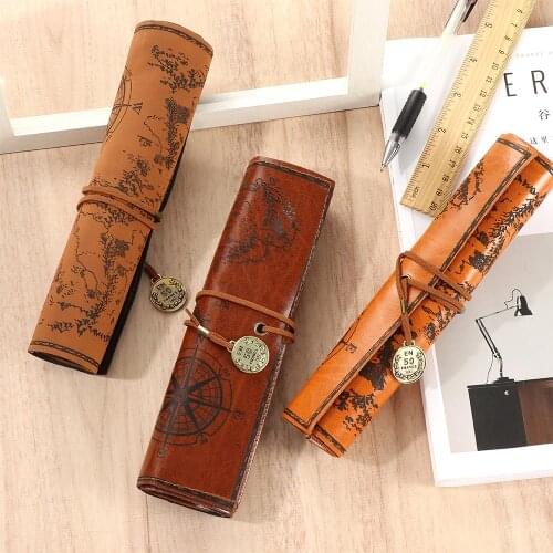 Leather Pen Pencil Case Vintage Retro Treasure Map Luxury Roll Make Up PU Bag Case Bag Purse Pouch Stationary For School