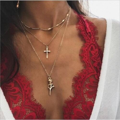 Fashion necklace Jesus Christ Alloy Cross Rose flower pendant three layer necklace Gold color plated metal chain choker