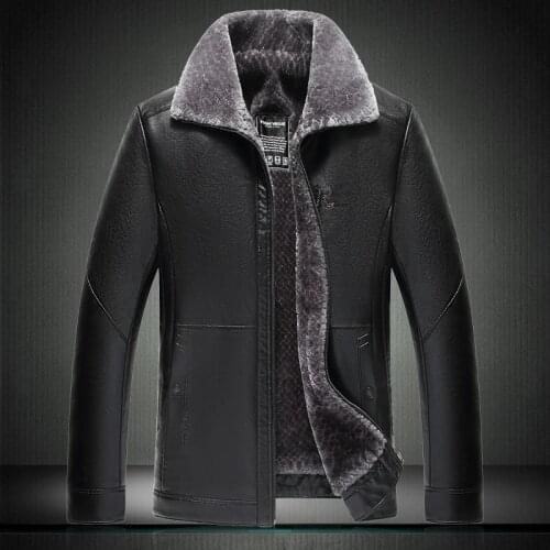 Jacket Men EU Winter Faux Fur Sheepskin Coat For Mens Zipper Turn-down Collar Thick Fleece Natural Leather Coats 1906