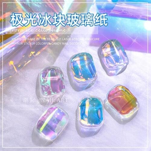 Japanese Trend Ice Cube Candy Paper Nail Art Cellophane Laser Aurora Colorful Sticker With 5 Color DIY Design