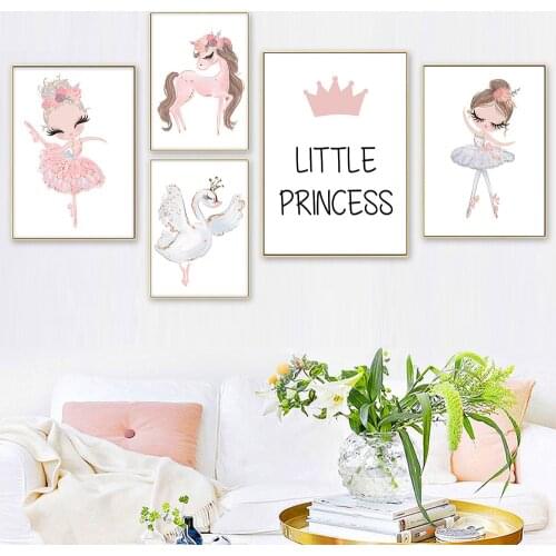 Nursery Wall Art Posters Canvas Painting Little Princess Dance Picture Pink Swan Print Ballet Girl Poster Baby Room Decoration