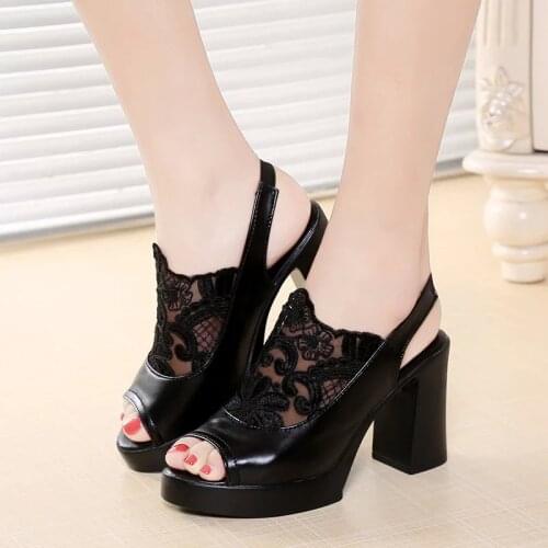 Sandals womens spring and summer 2021 new fish mouth mesh womens shoes womens embroidered lace thick heel sandals