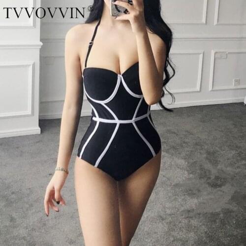TVVOVVIN Tube Top High Waist Color Matching Hot Spring Beach Holiday Hanging Neck Bodysuits Sexy Rompers QWK5