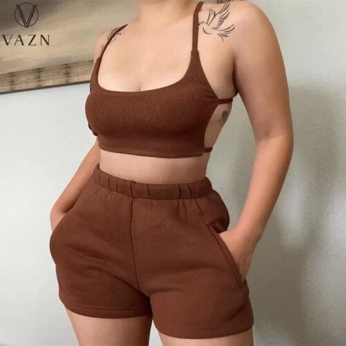 VAZN 2021 Hot Sales Beach Simple Solid Sexy Young Open Designer Bikini Top Short Pants Slim Women 2 Piece Set Women Wear