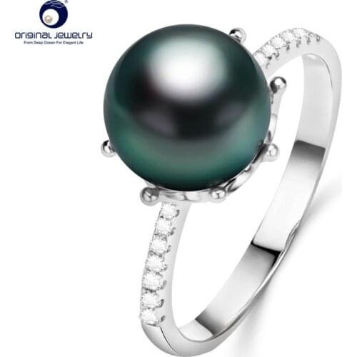 [YS] Crown Design Ring 925 Sterling Silver 8-9mm Natural Black Tahitian Cultured Pearl Ring