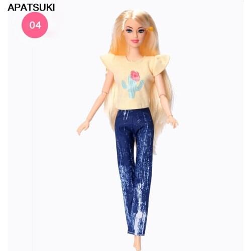 Yellow Cactus Flower Shirt Tops & Blue Denim Jeans Trousers For Barbie Doll Fashion Clothes Set Outfits Dollhouse DIY Toys 1/6