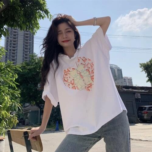2021 summer new Korean version loose fun love bear print round neck short sleeve T-shirt female ins tide Harajuku style