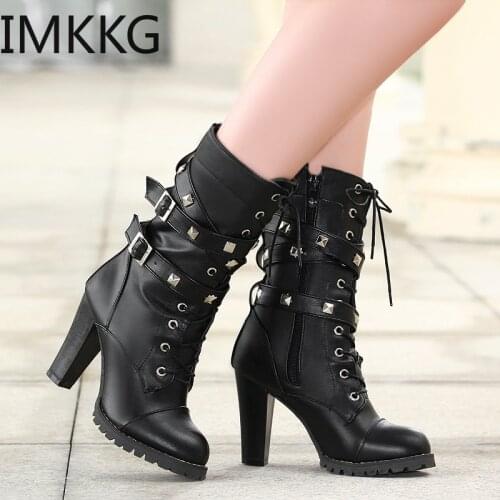 2020 New high quality women boots 9cm super high heels platform motorcycle winter boots mid calf shoes rivets buckle Q00264