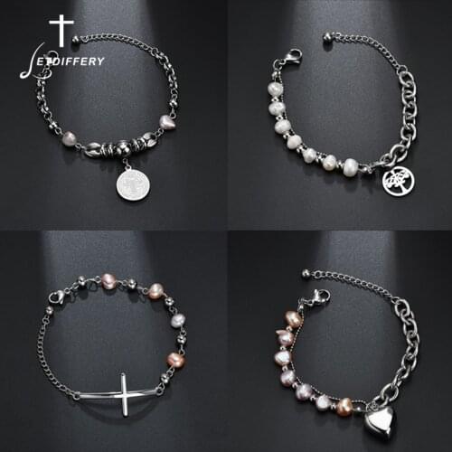 Letdiffery Elegant Cross Tree Of Life Pearl Charms Bracelets Never Fade Stainless Steel Heart Women Jewelry For Girlfriend Mom