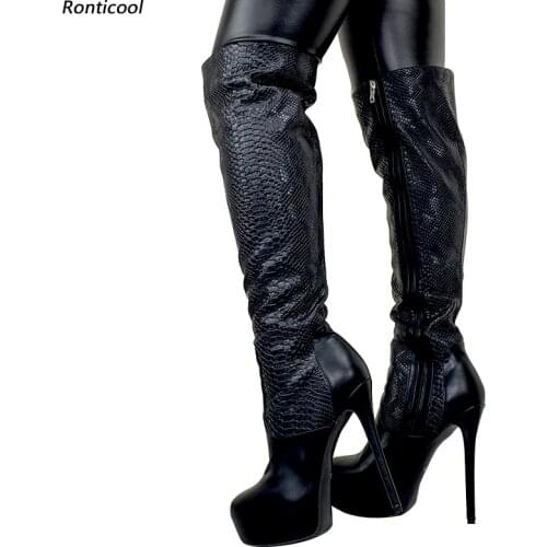 Ronticool 2021 Women Winter Knee High Boots Stiletto High Heels Round Toe Classic Black Club Wear Shoes Women Plus US Size 5-20