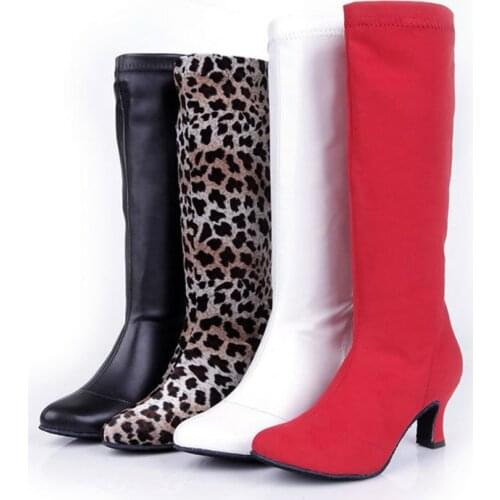 PU Leather Upper Cow Suede Sole Over Knee Boots Women Pointed Toe Elastic Stretch Thick Heel 5cm High Riding Boots Dance Shoes