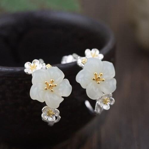 FNJ Natural Jade Flower Earrings 925 Silver Original Pure S925 Sterling Silver Stud Earring Women Jewelry Vintage