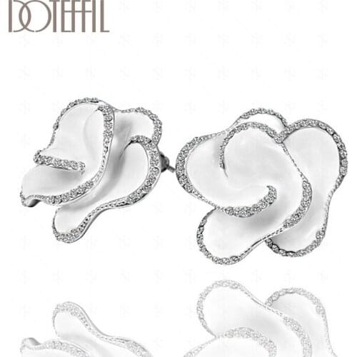 DOTEFFIL 925 Sterling Silver/18K Gold/Rose Gold AAA Zircon Flower Charm Earrings Women Fashion Jewelry Wedding Party Gift