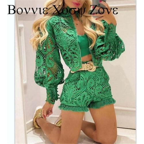 Lace Contrast Hollow-Out Shorts With Lantern Sleeve Coat Women Solid Hollow-out Puff Sleeve Sexy Short Sets