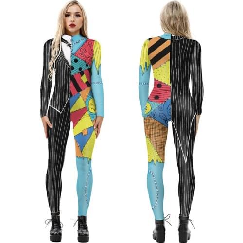 Christmas Fright Night Skellington Female Halloween Costume Women Cosplay Robot Printed Jumpsuit Skull Carnival Bodysuit Rompers