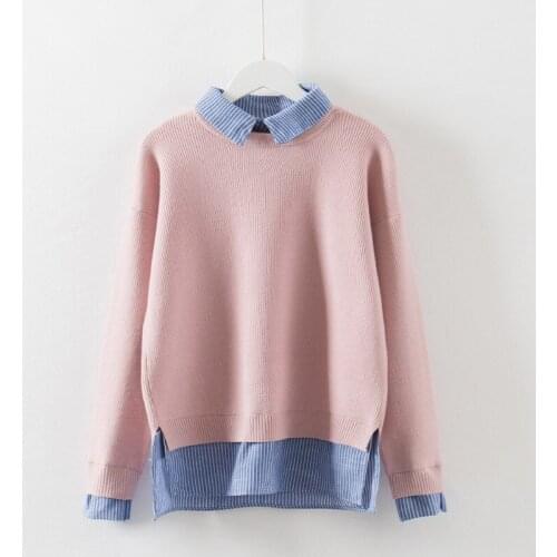 2017Spring and Autumn new womens fashion fake two knitted fabric pieces detachable shirt collar sweater students personality A