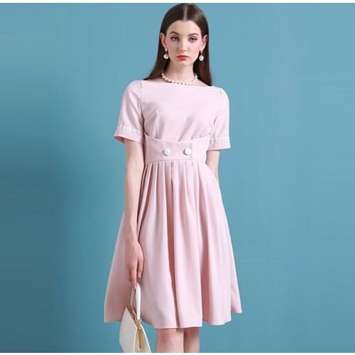 High End Hepburn Style Lady One Line Collar Dress 2021 Summer Medium Length Pleated Skirt Female Pink
