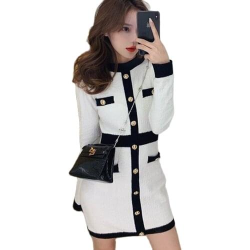 Women Knitted Mini Dress New Autumn Winter O Neck Patchwork Metal Button French Retro Sweater Dresses Elegant Knit Bodycon Dress