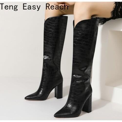 2021 Pointed Toe Vintage Stone Print Women Boots Fashion Slip on Knee High Boots Square High Heel Autumn Winter Long Boots 34-43