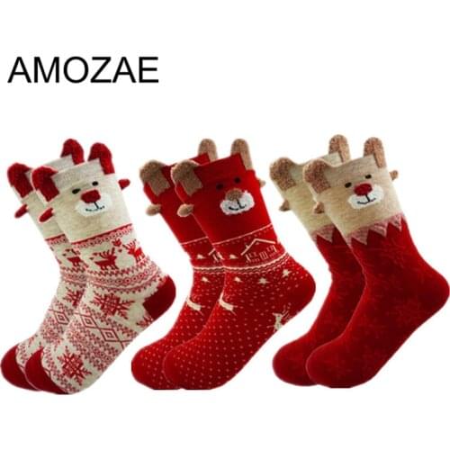 3Pairs/Set New Winter Warm Christmas Socks Deer Elk Xmas kawaii Xmas Socks for Women Girls New Year Gifts Stylish Sokken