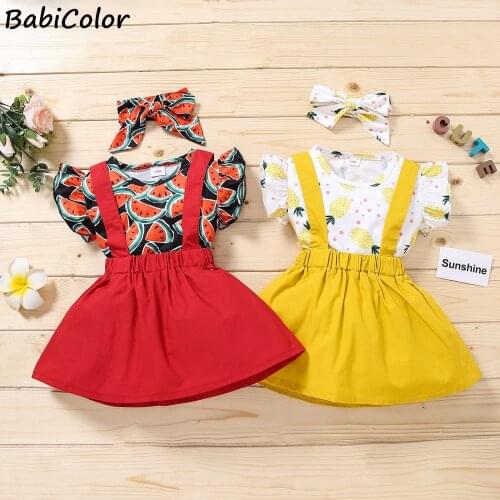 BabiColor Newborn Baby Girl Clothes Set Baby Dress Toddler Summer Fruit Watermelon Pineapple Print Flying Sleeve Tops+skirts