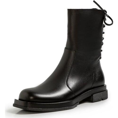 Ankle boots Genuine leather Women boots Motorcycle boots black 2020 autumn winter Head layer cowhide Square head Women shoes