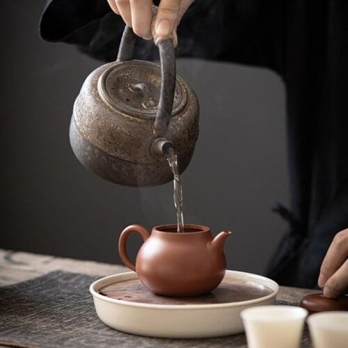 460ml Japanese-style kiln changed retro stoneware large-sized handle teapot handmade pottery kung fu wide-mouth warm tea kettle