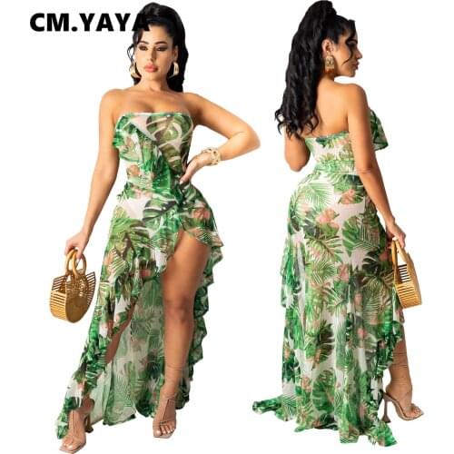 CMYAYA 2021 Women Summer Mermaid Maxi Dress Strapless Leaf Print Night Club Party Beach Bohemian Ruffles Long Dresses Vestido