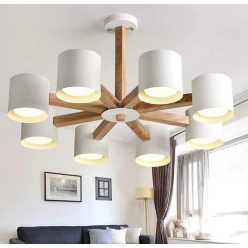 Wood Chandelier Lights Living Room Bedroom White Lampshade Wooden Hanglamp Art Decor Luminaire Lighting