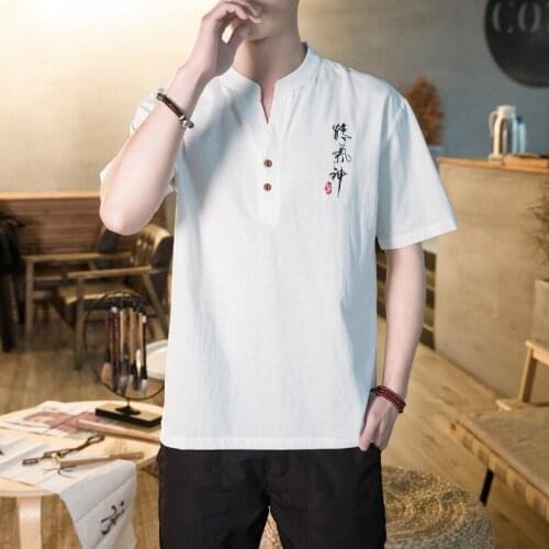 Men Solid Color T Shirts Vintage 2021 Fashion Man Chinese Style Cotton Linen Short Sleeve T-Shirt Tops Streetwear Camisa KK3595