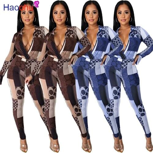 HAOOHU Geometric Print Two Piece Sets Autumn Clothes Deep V Neck Long Sleeve turn down collar Slim Bodysuit+Skinny Pants Outfits