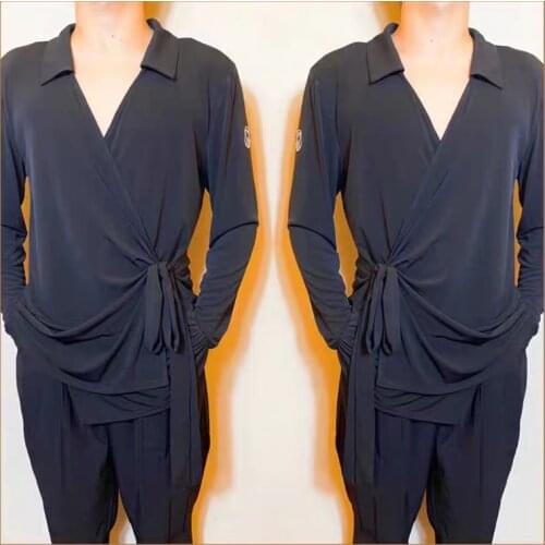 New Style MenS Latin Dance Costumes Strap Design V-Neck Blouse Practice Clothes National Standard Latin Dance Clothes DQS6066