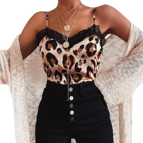 Summer Womens Leopard Printed Lace V-Neck Fashion Satin Backless Vest Sexy Sleeveless Shirt Blous Tops Clothes Intimates#p3
