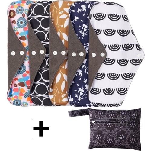 ALINAPPY 5PCS Reusable Washable Bamboo Charcoal Pantyliner 18*25 With 1 Waterproof Storage Bag, Colorful Cloth Menstrual Pads