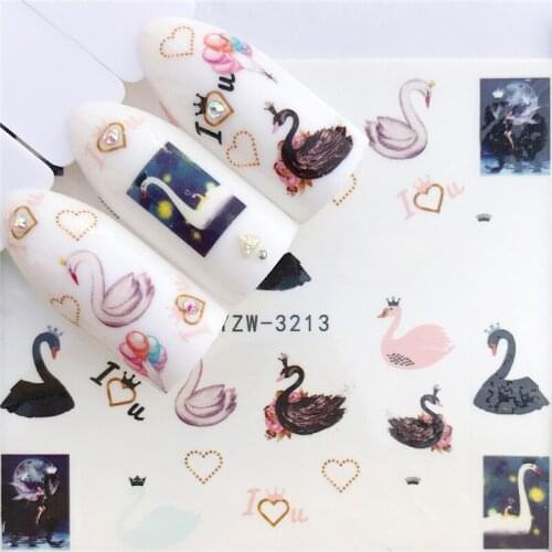 Fashion Stickers for Nails DIY Animal Swan Bird Water Sliders Love Heart Flower Watercolor Nail Decal Sticker Accessoires