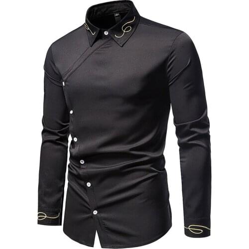 New European mens shirt, trend embroidery asymmetric long sleeve shirt, mens shirt