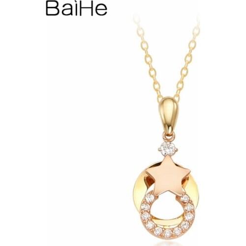 BAIHE Solid 18K Yellow Rose Gold 0.12ct Round Natural Diamonds Women Wedding Fine Jewelry Diamond Star Round Necklaces