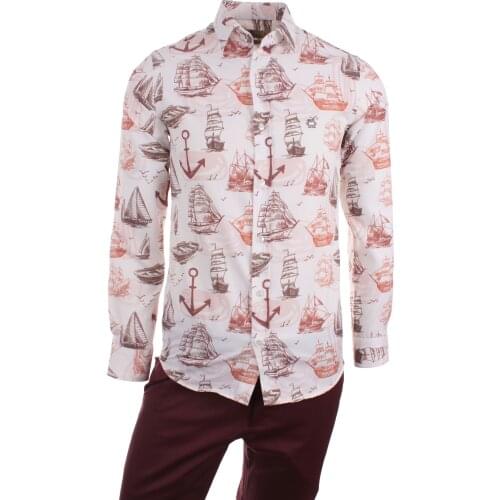 Gentilbay Mens Hawaiian Captain Digital Printed Brown Slimfit Long-Sleeve Sport Shirt DPD119