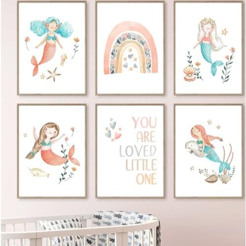 Mermaid Girl Shell Rainbow Flower Sun Quote Nordic Posters And Prints Wall Art Canvas Painting Wall Pictures For Kids Room Decor