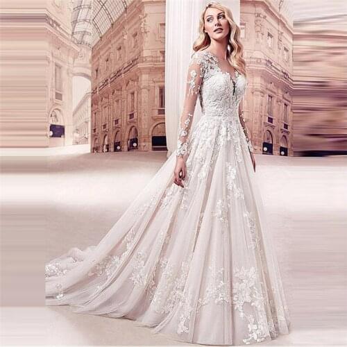 Modest Sheer Long Sleeves Lace Appliques A-Line Wedding Dress Bridal Gowns Natural Waistline Robe De Marriage Custom Online 2020