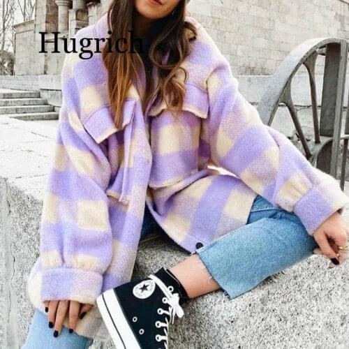 Stylish Sweet Plaid Woolen Shirt Jackets Women Fashion Pockets Turn-down Collar Check Jacket Cute Girls Chic Coat Streetwear