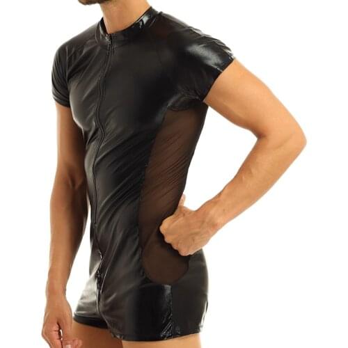 XXXL Black Sexy Mens Leather Mesh Bodysuit PU Latex Catsuit Men Sexy Lingerie Leather One Piece Leotard Wet Look Gay Club Wear